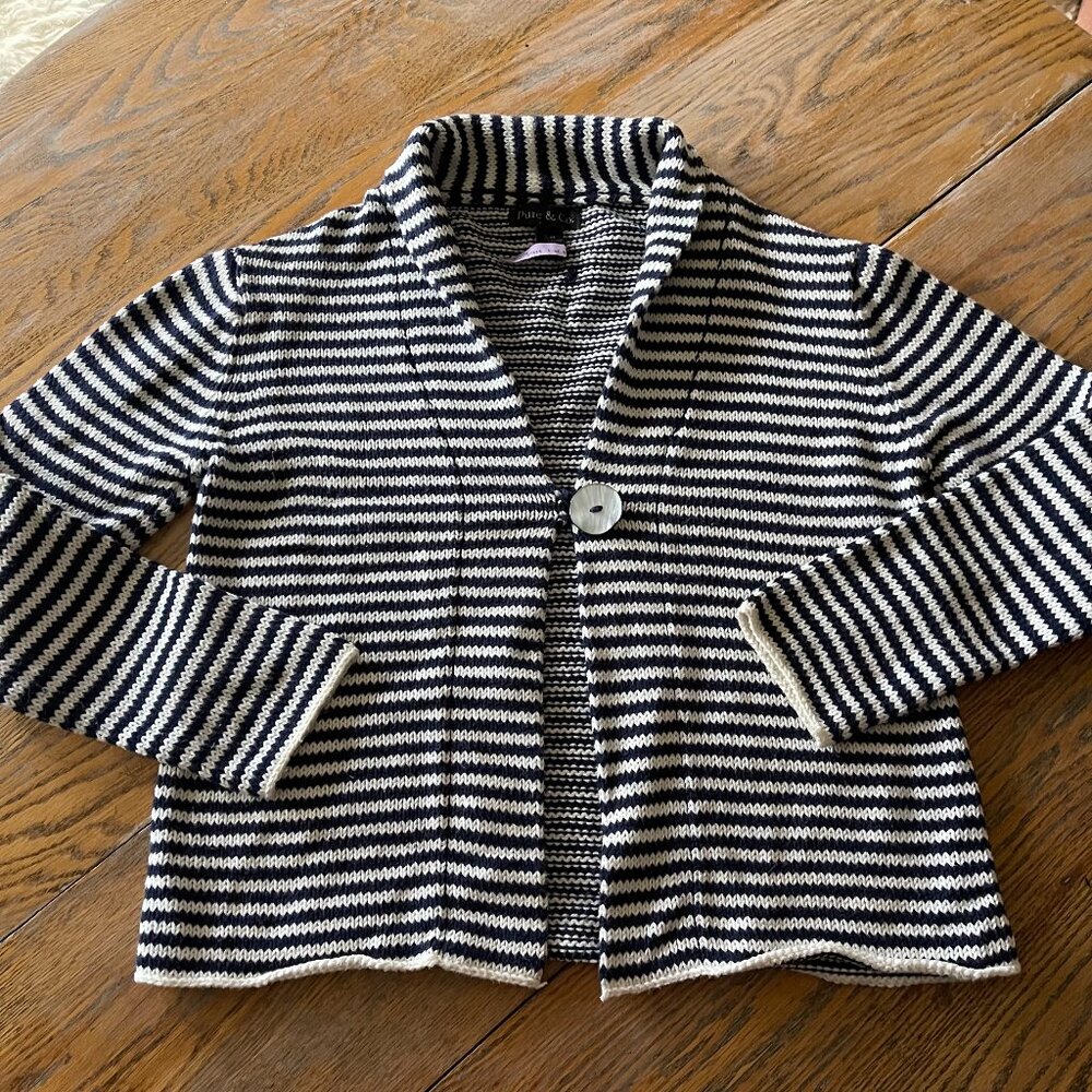 PURE & CO blue & white 100% cotton sweater w/shell button close/S/M